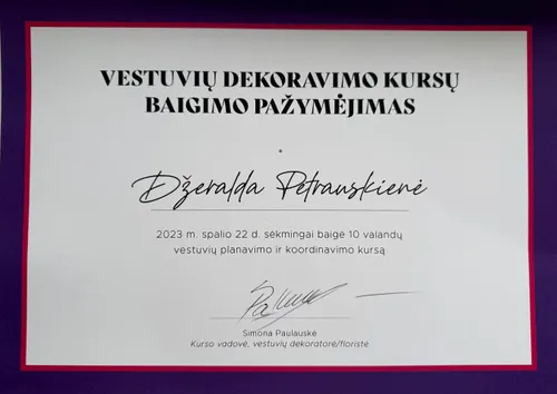 Diplomas is vestuviu dekoravimo mokymu